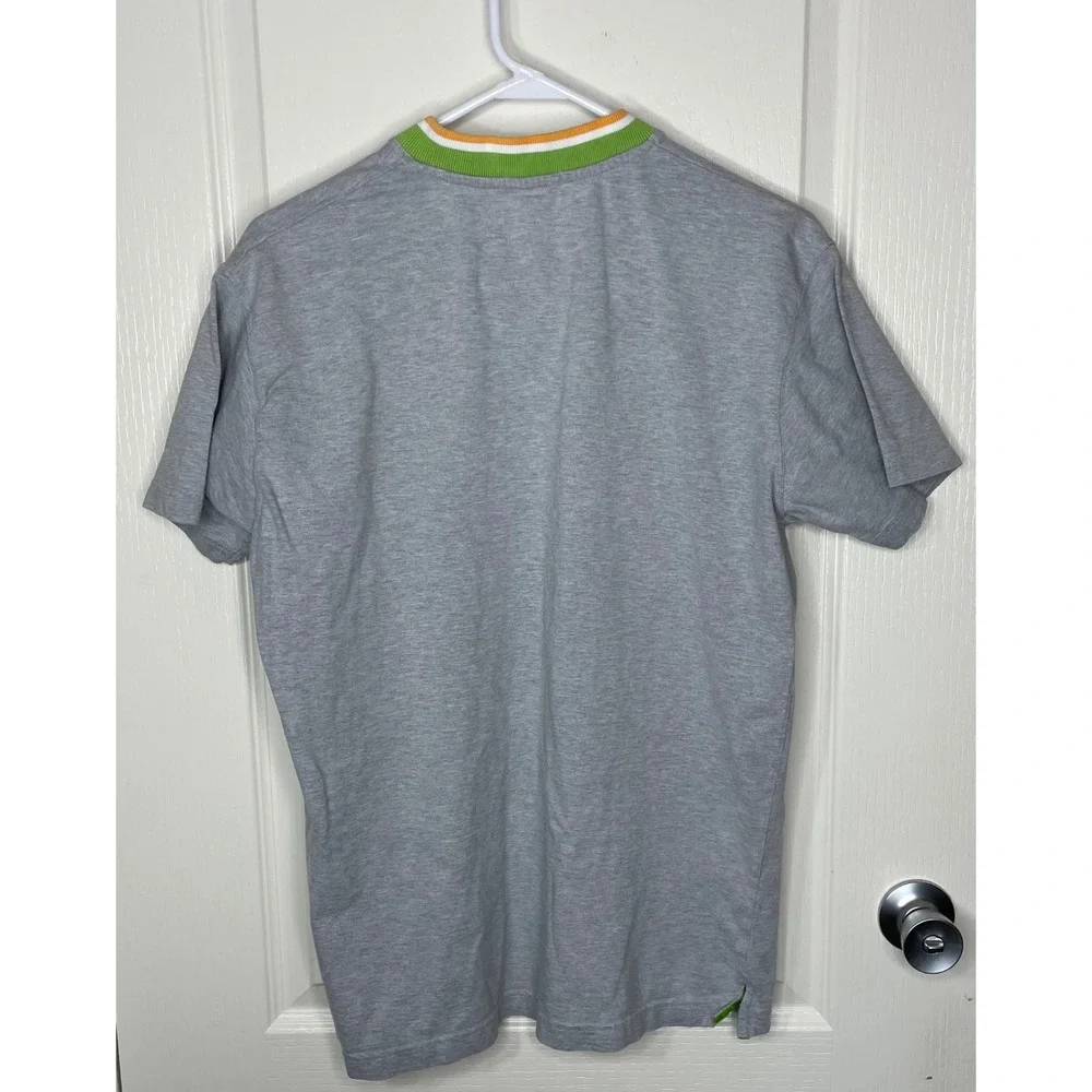 J. Crew Oarsman Mens Medium Gray V-Neck Shirt Striped Collar Short Sleeve Preppy